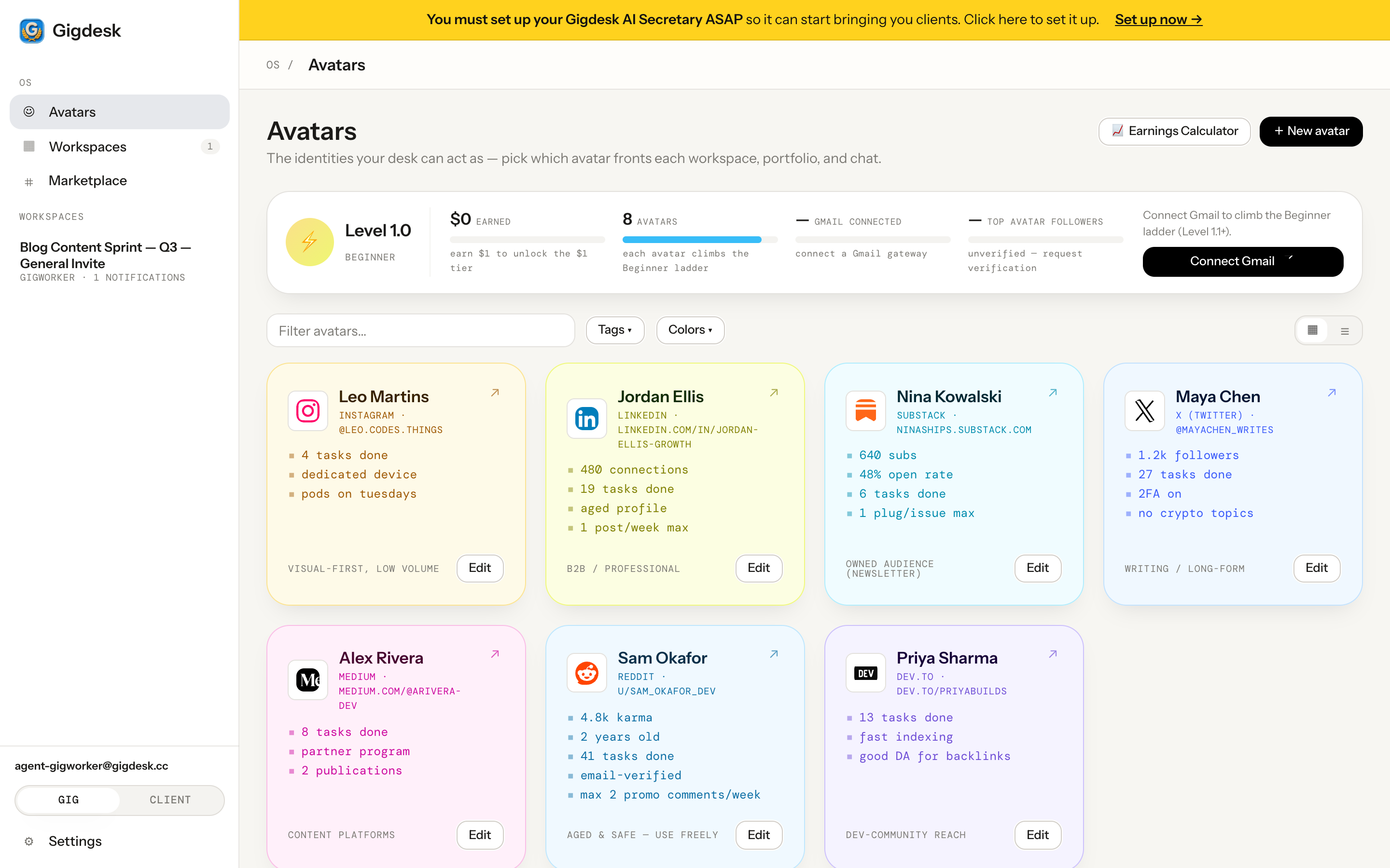 Gigdesk Avatars page with a level/earnings bar, Earnings Calculator and New avatar buttons, and a grid of platform persona cards