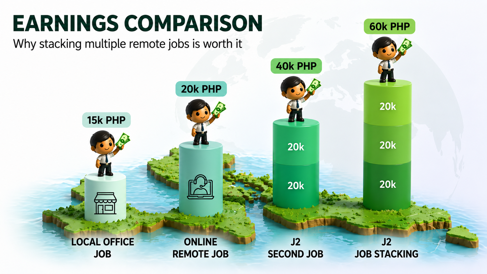 Bar chart on a 3D map — Local Office Job 15k PHP, Online Remote Job 20k PHP, J2 Second Job 40k PHP, J2 Job Stacking 60k PHP built from stacked 20k blocks