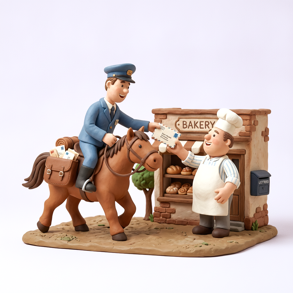Claymation scene of a mailman on horseback handing an envelope to a baker outside his bakery