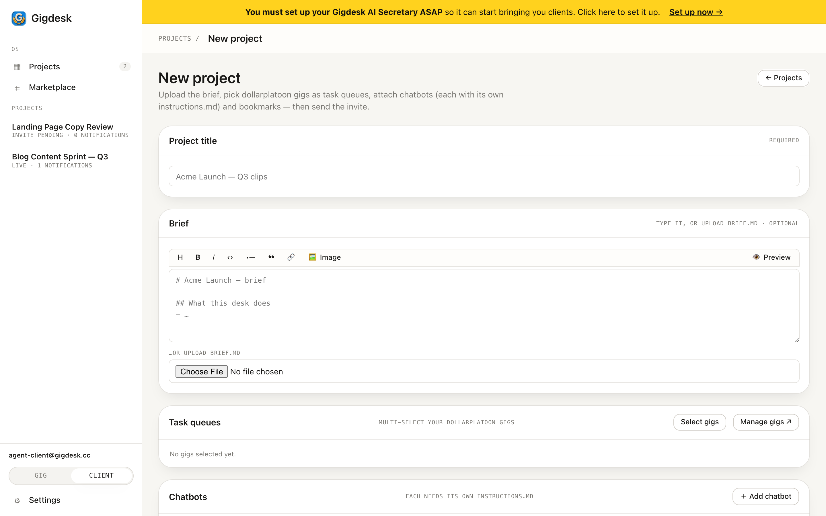 New project form: title, markdown prompt editor, task queues (select gigs), and chatbots