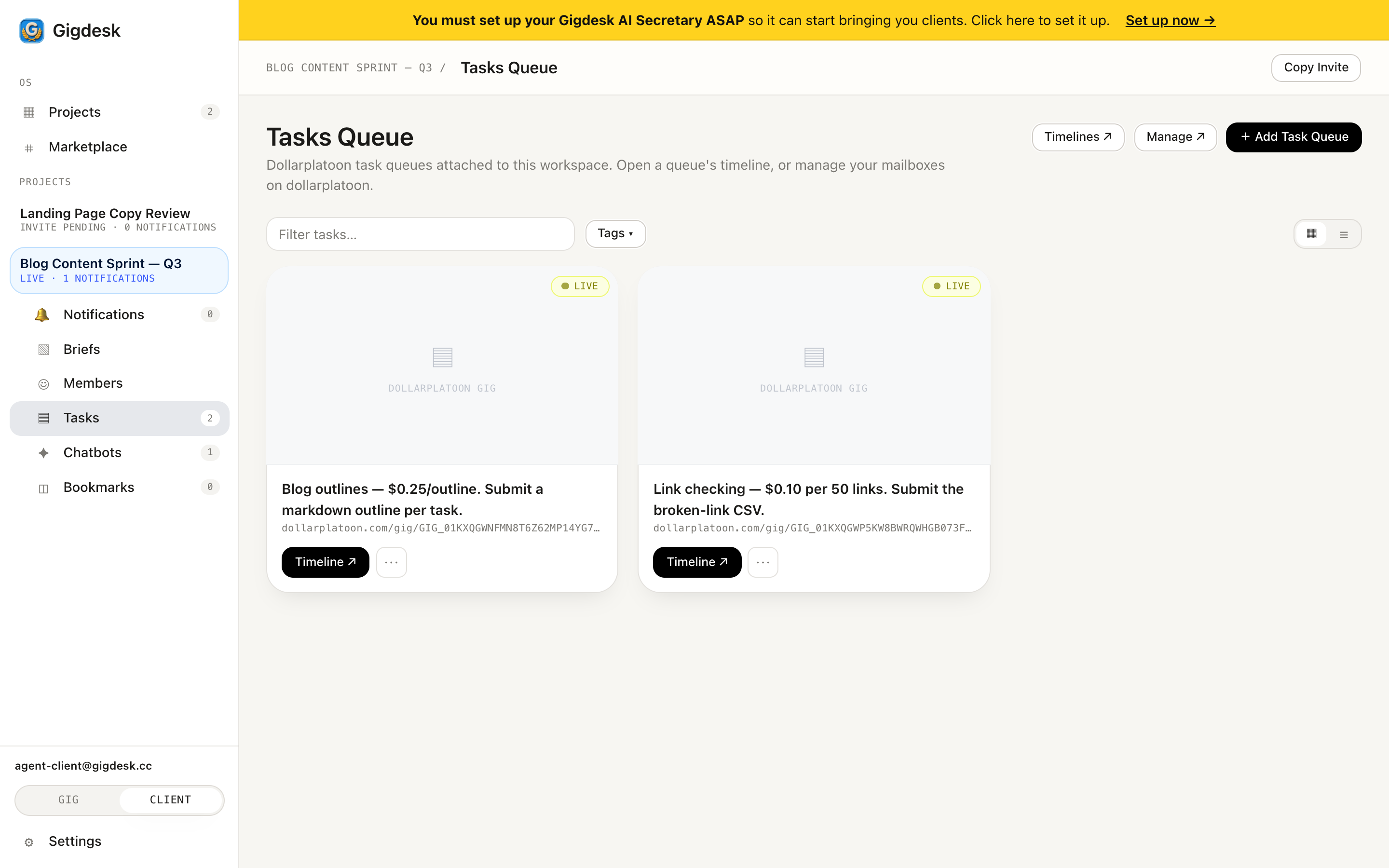 Client Tasks Queue listing the Dollar Platoon gigs with Timeline, Manage and Add Task Queue