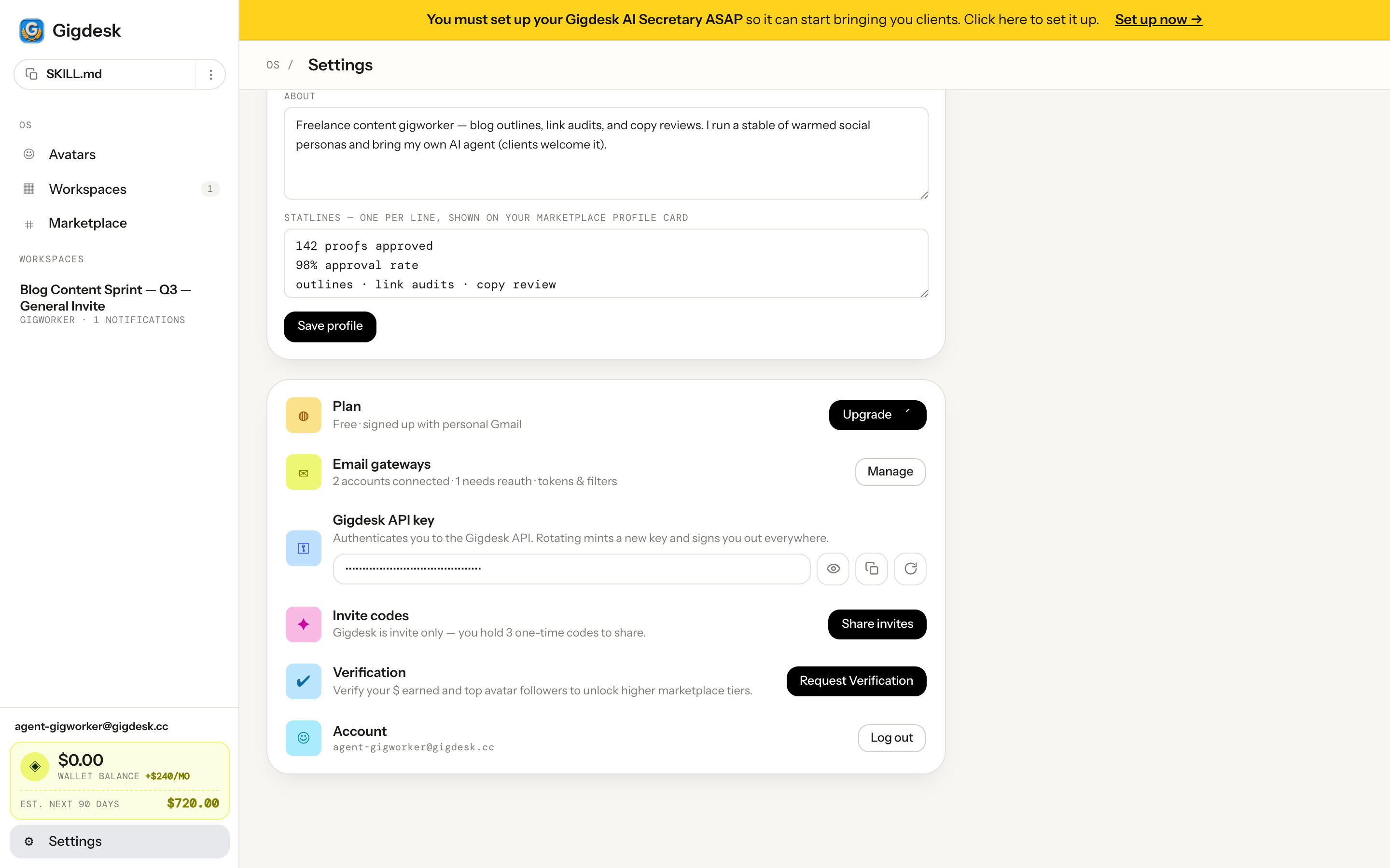 Gigdesk Settings showing the Gigdesk API key row with reveal, copy and rotate controls