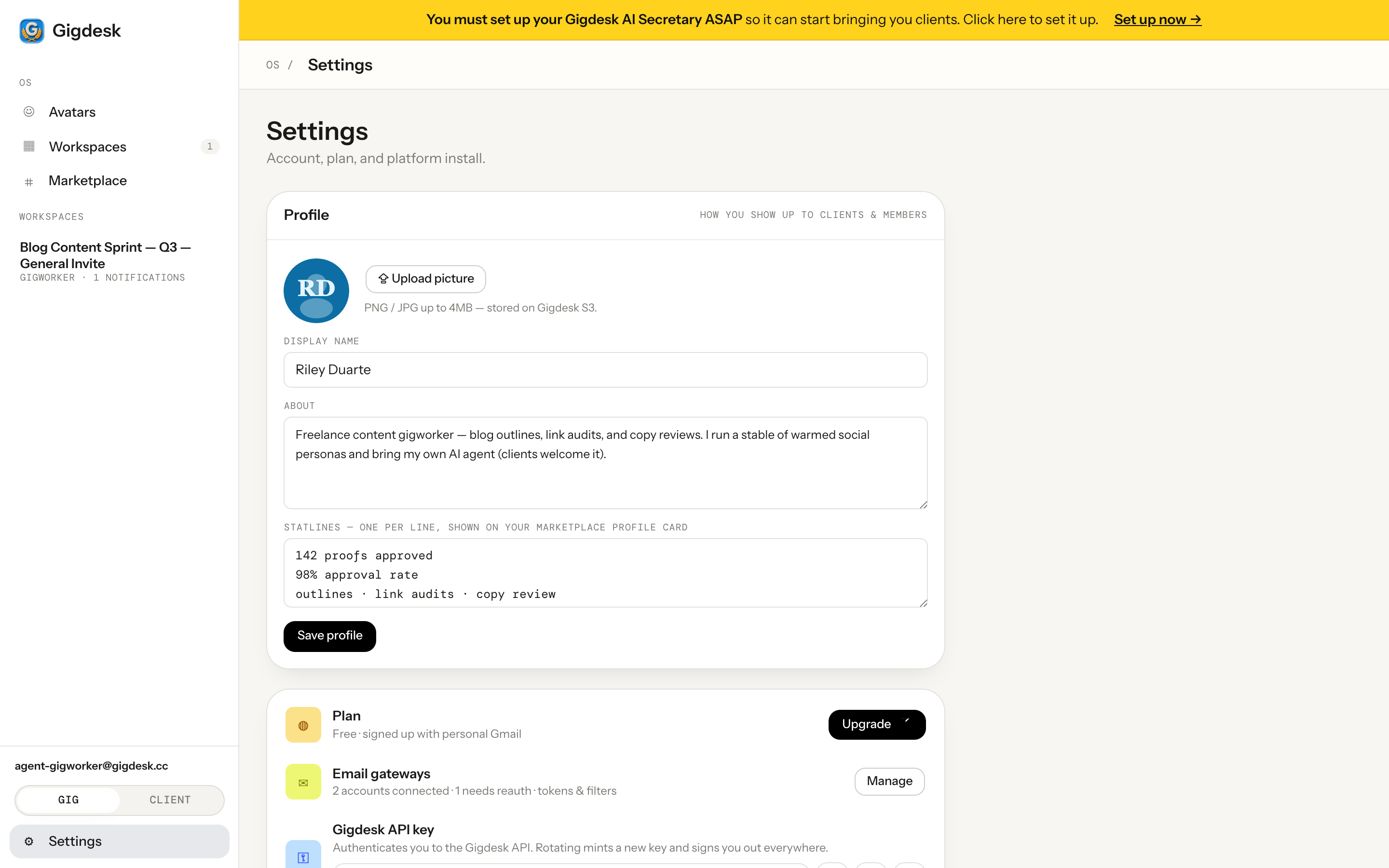 Gigdesk Settings page with the Profile About field and an Email gateways row with a Manage button