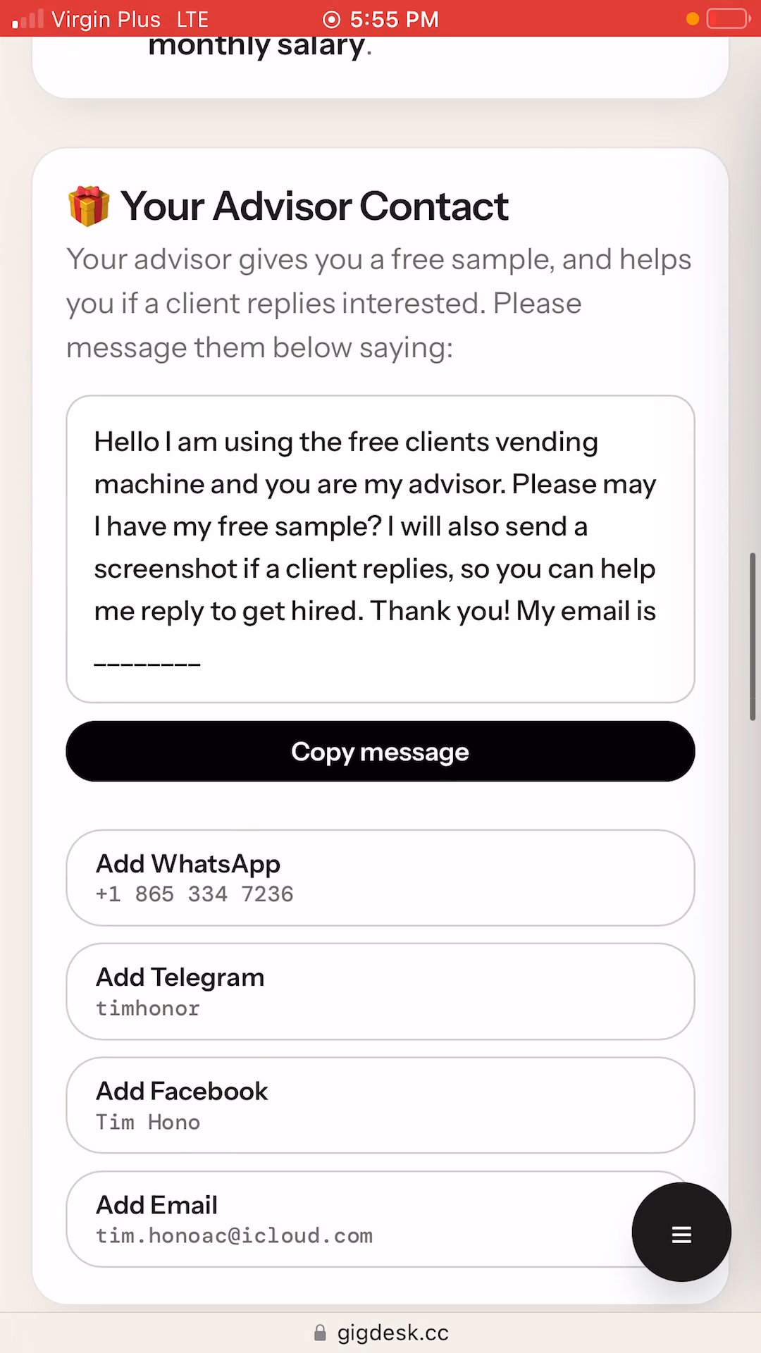 The Your Advisor Contact panel on the vending page with a prewritten intro message and buttons to add the advisor on WhatsApp, Telegram, Facebook or email