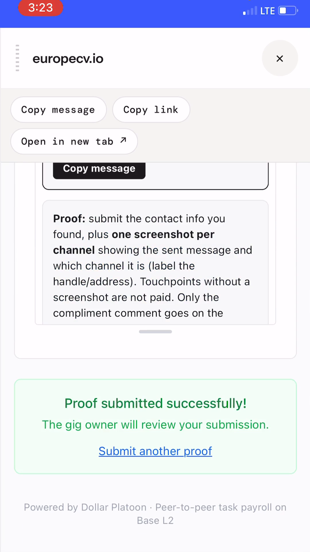 The Submit Proof panel on a claimed ticket with a screenshot attached, showing Proof submitted successfully