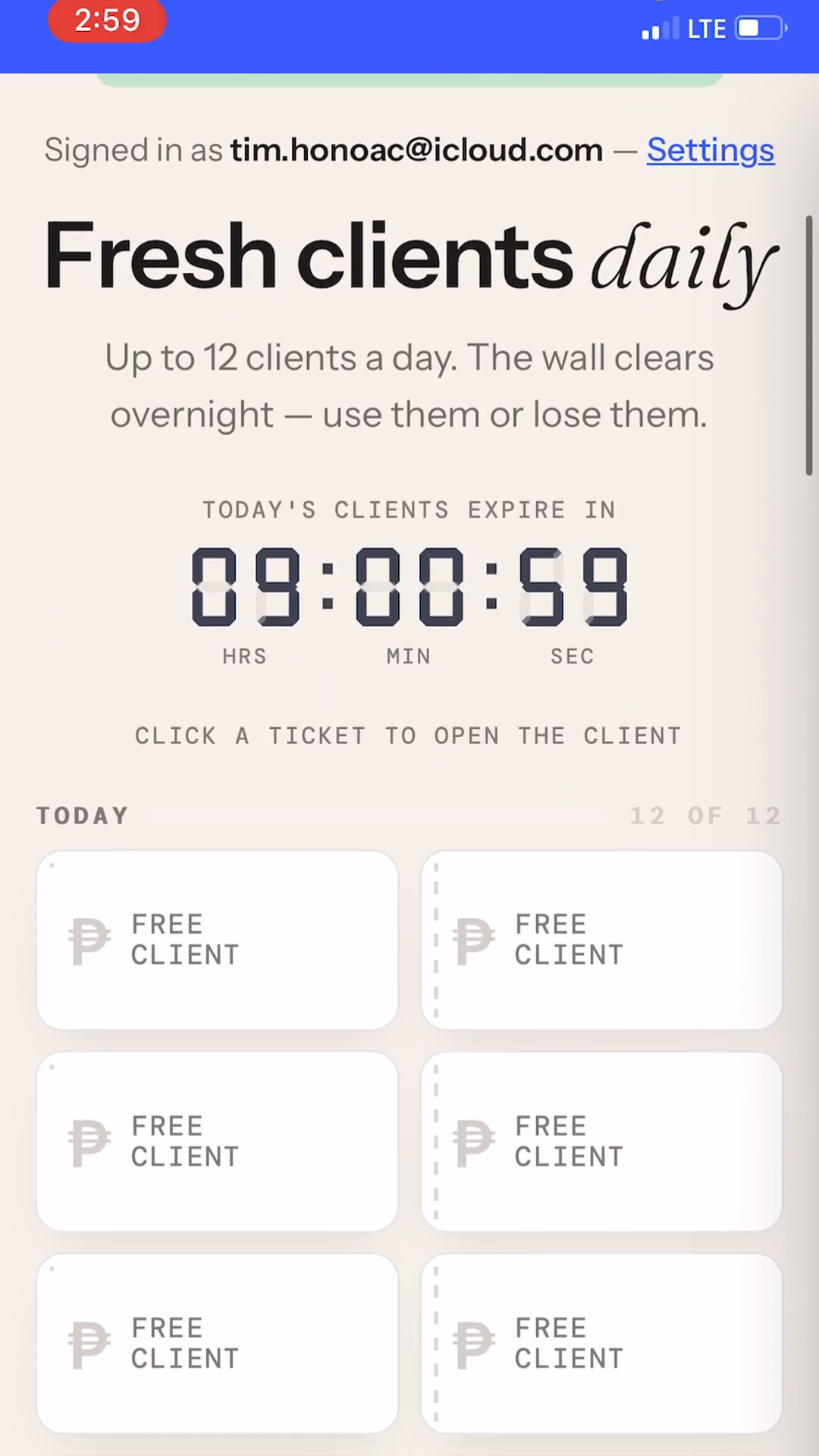 The vending machine wall of free client tickets with a countdown showing today's clients expiring