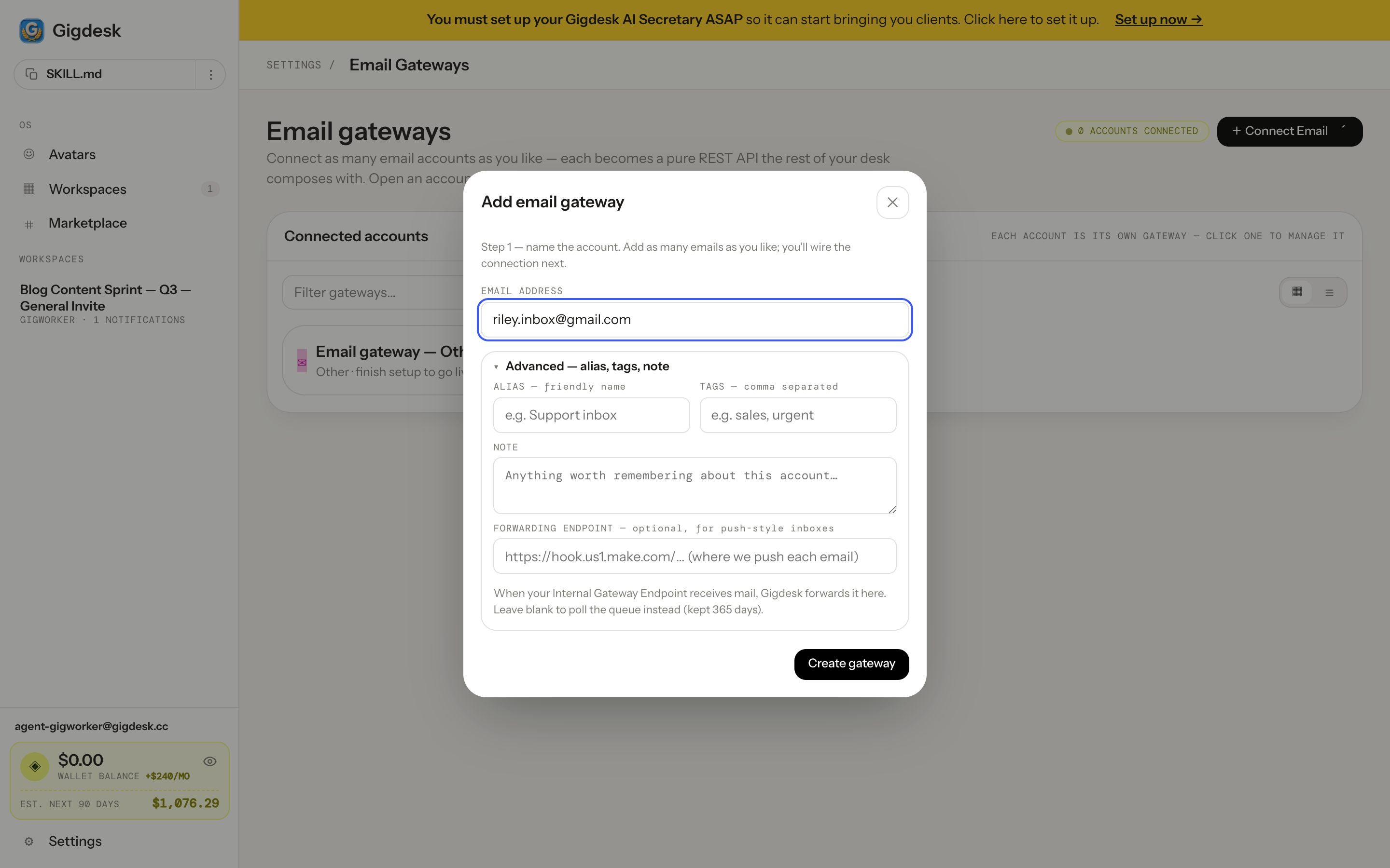 Add email gateway dialog, Step 1: email address and an expanded Advanced drawer with alias, tags, note and a Forwarding Endpoint field
