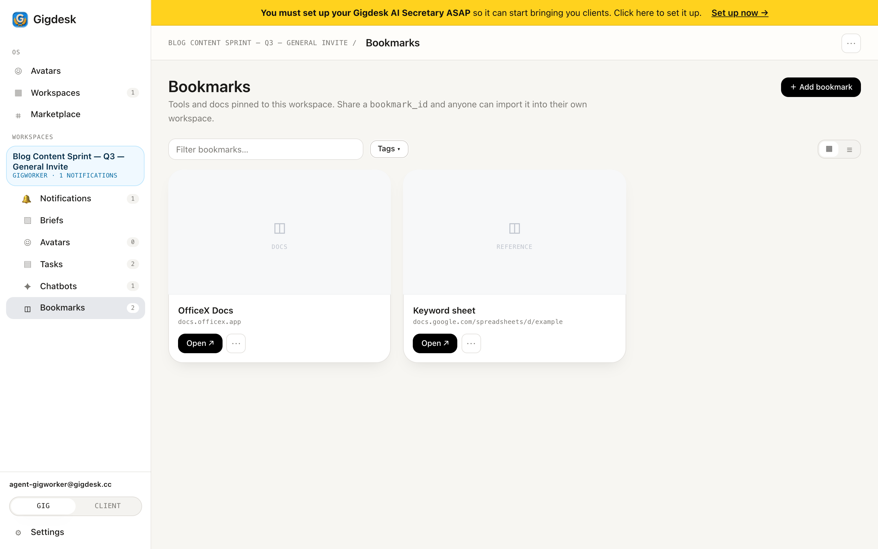 Bookmarks panel with OfficeX Docs and a Keyword sheet card, each with an Open button