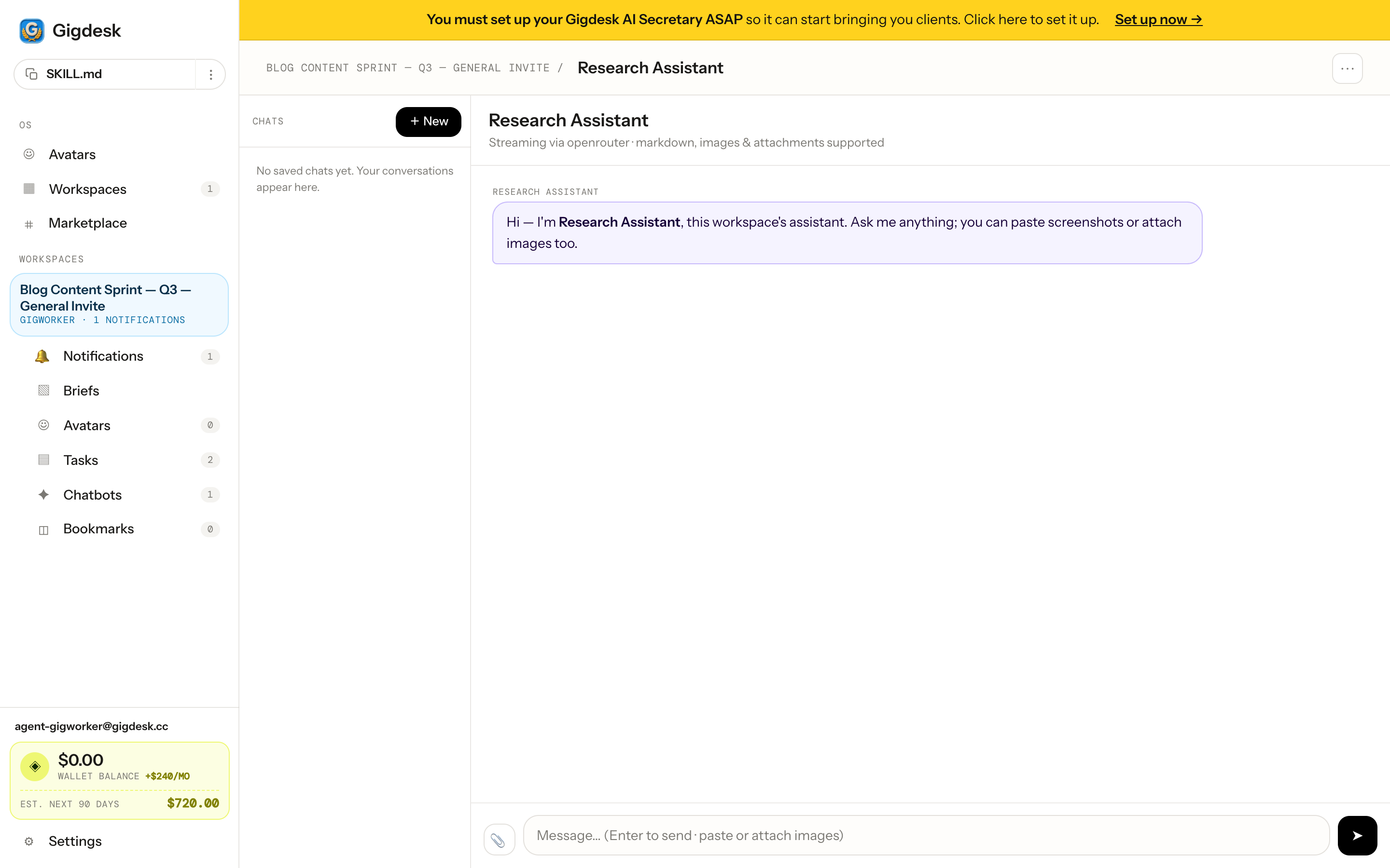 Chat with the Research Assistant chatbot — a greeting message and a message input