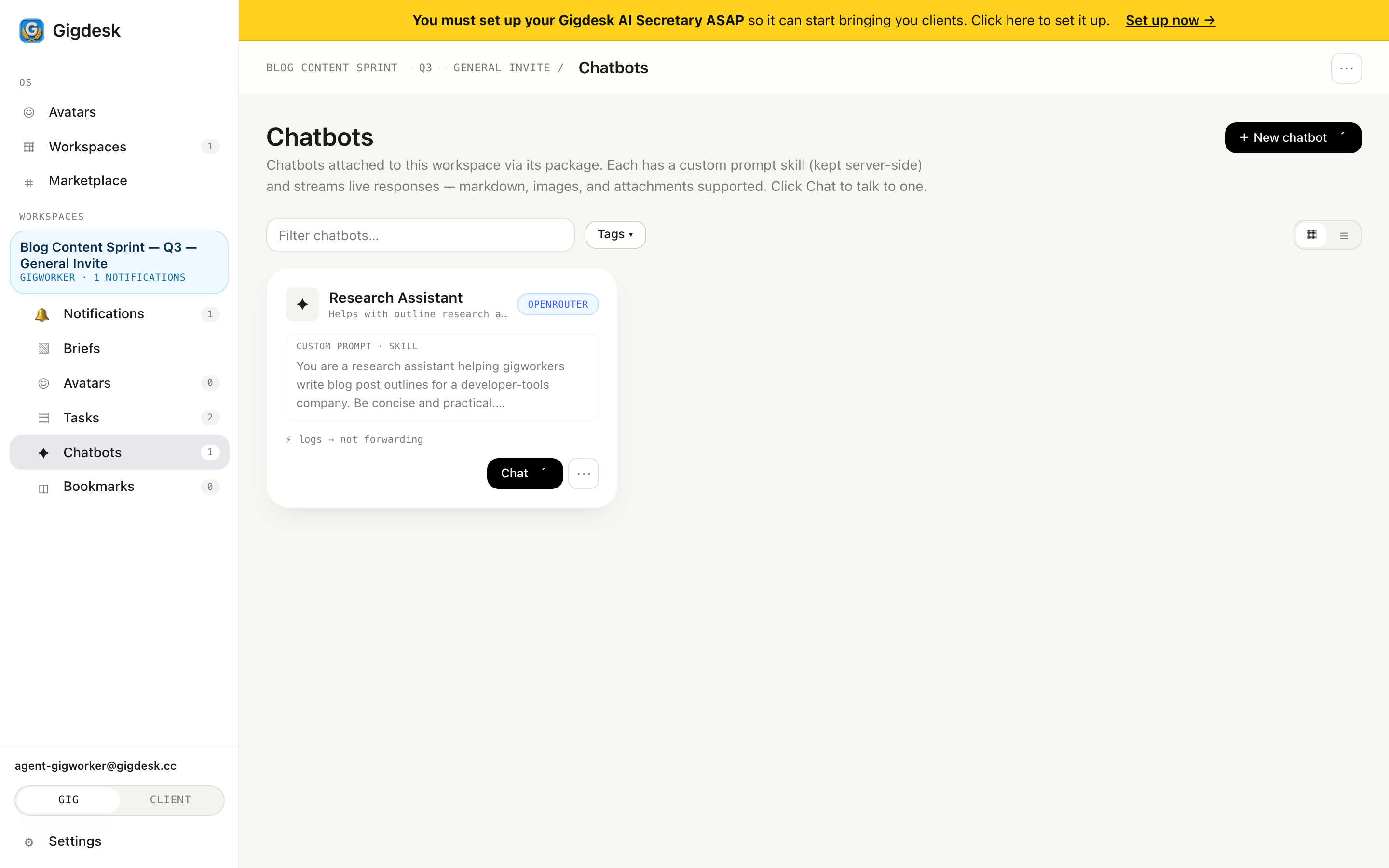 Chatbots panel with a Research Assistant card and a New chatbot button