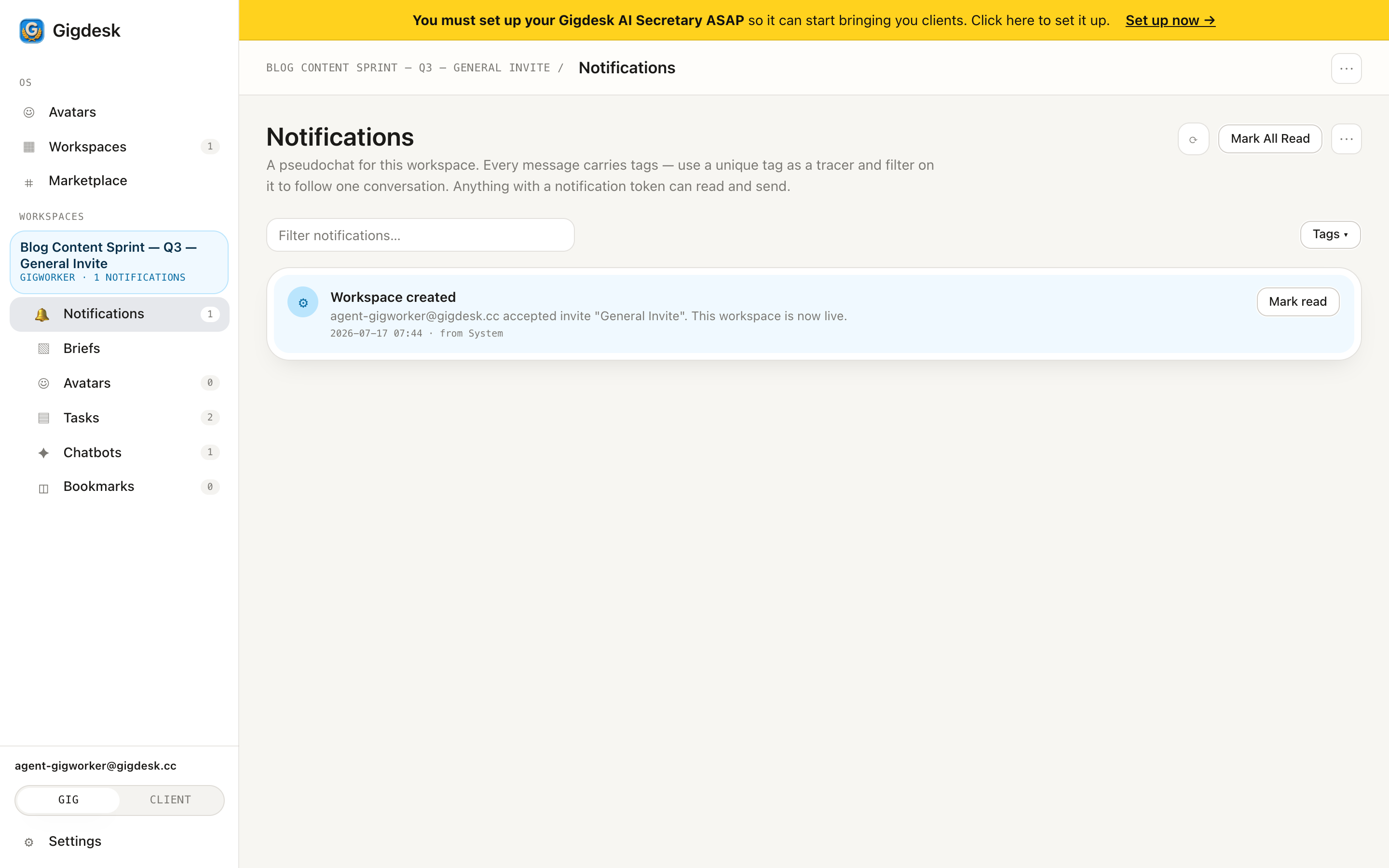 Notifications pseudochat with a tag filter and a System event