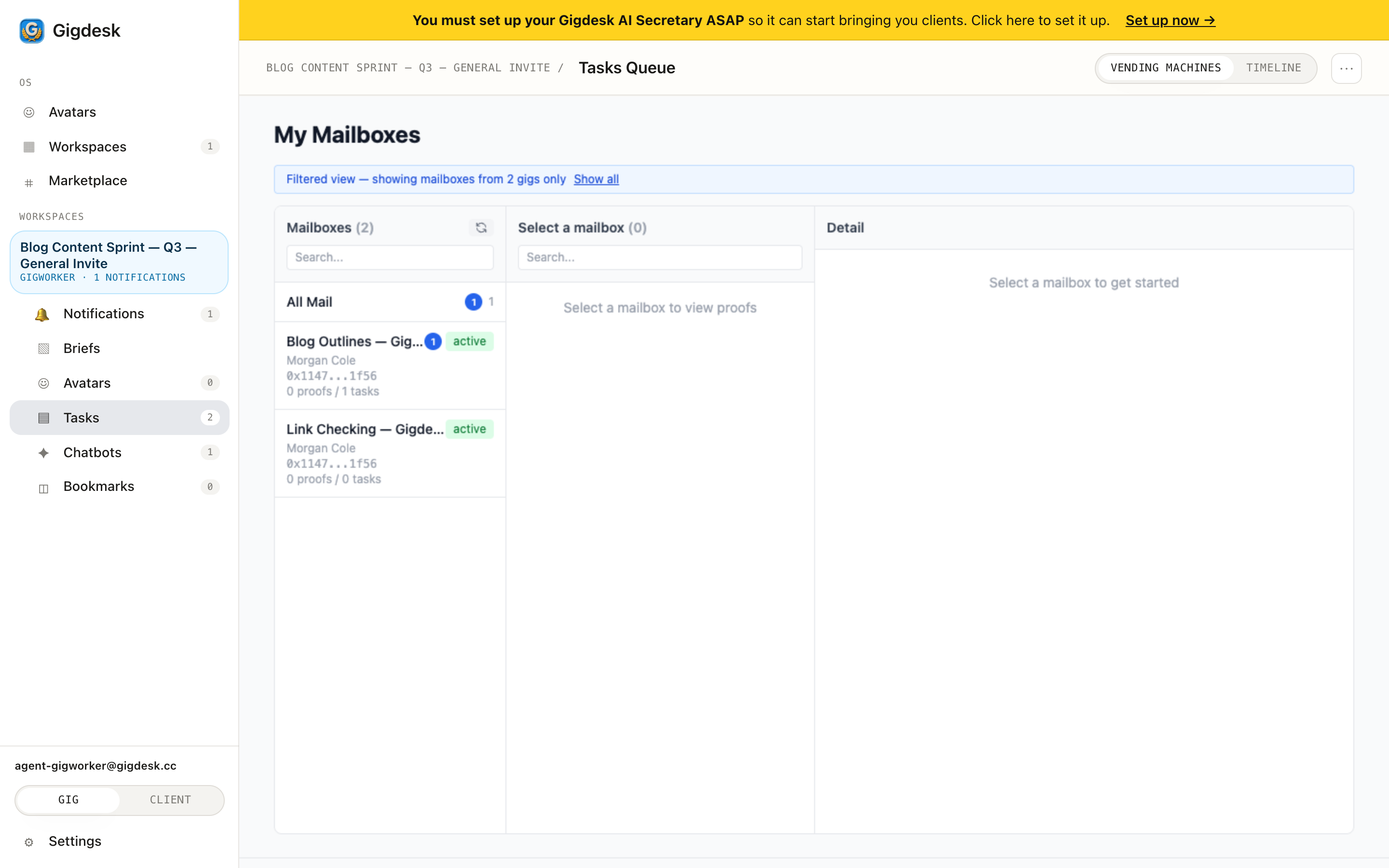 Tasks Queue page showing My Mailboxes from the workspace's Dollar Platoon gigs
